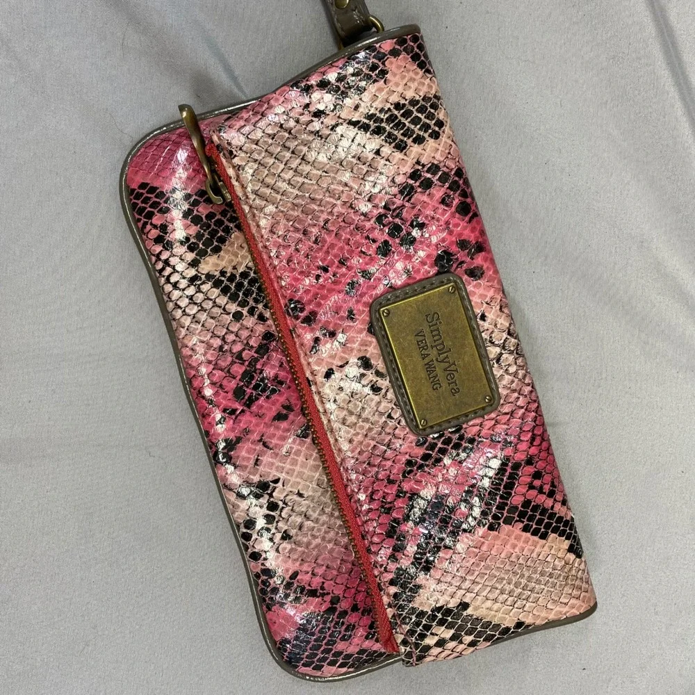 Simply Vera Vera Wang Pink Snakeskin Foldover Wristlet Clutch Bag Brass Hardware